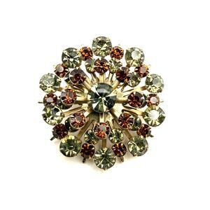 Vtg Mid Century Modern Starburst Rhinestone Brooch Gold Tone Grey Brown Riveted